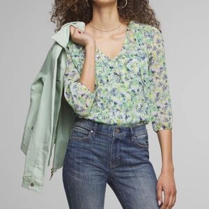 WHBM Blouse Long Sleeve V-Neck Ruffle Front XS Green Yellow Floral 2-in-1 Combo
